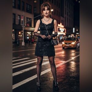 Vintage 90s Crinkled Metallic Little Black Dress - Size S